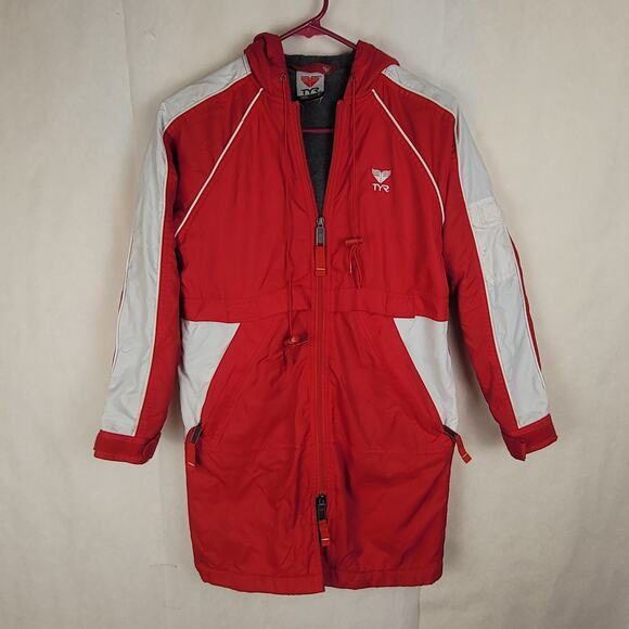TYR Aliance Swim red and white parka coat Size small Athletic Warm Active - Picture 1 of 11